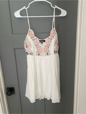 Lulu's Cream Dress with Pink and Navy Floral Embroidery